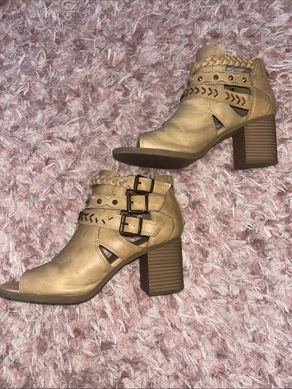 SO Tan Braided Cutout Triple Buckle Ankle Booties